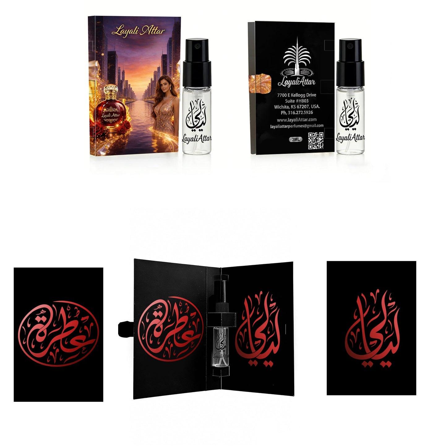 Perfume set with packaging and bottles on a white background