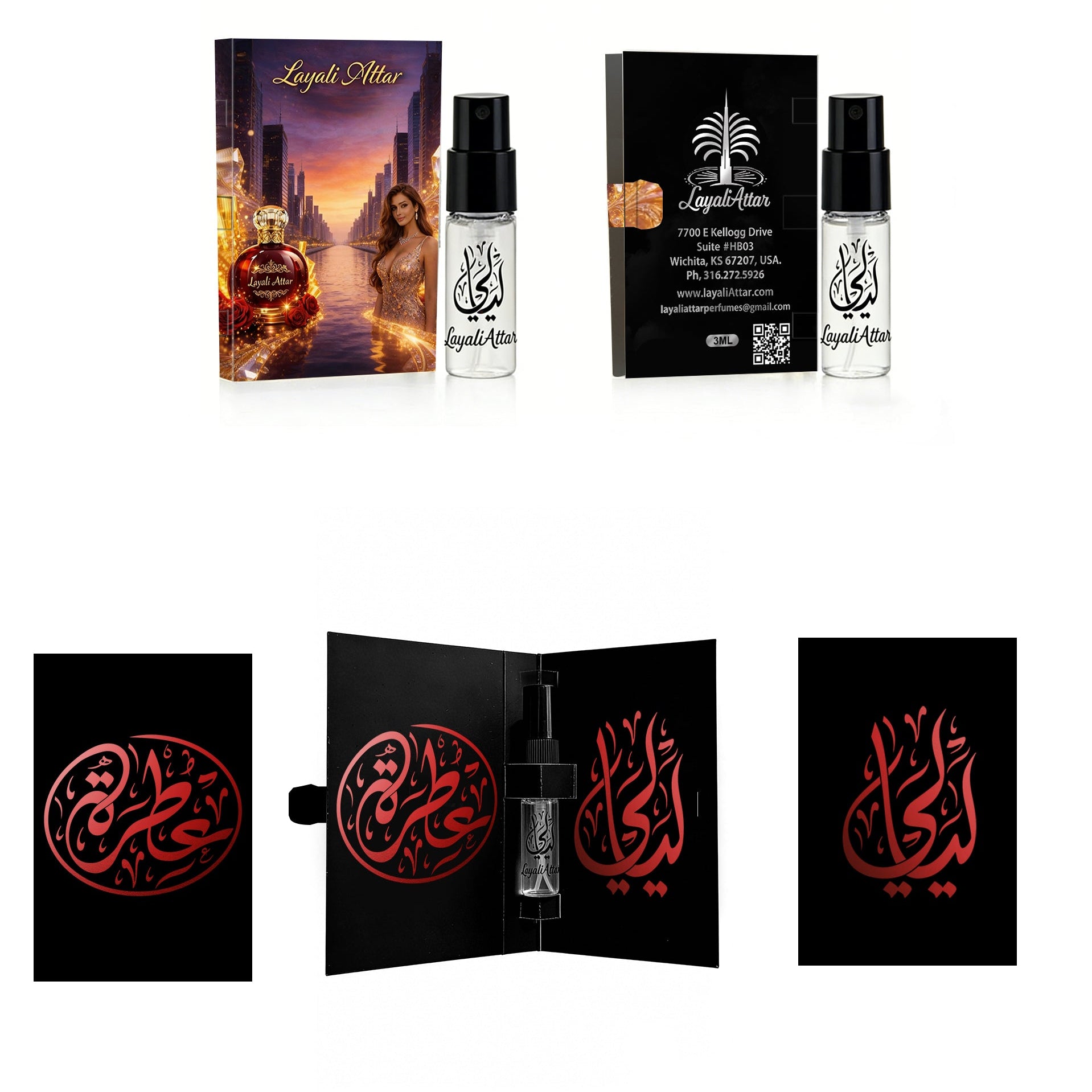 Perfume set with packaging and bottles on a white background